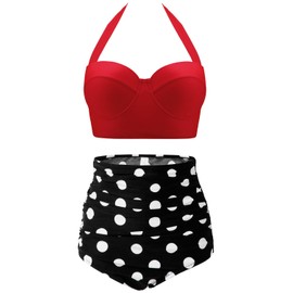 CHERRY CAT Women 50s Retro Polka High Waisted Bikini Swimsuits (Red&Black,Medium (fits Like US 4-6))