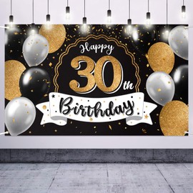Nelbiirth Happy 30th Birthday Black & Gold Large Photo Banner - Cheers to Thirty Years Old Birthday Home Wall Photoprop Backdrop, 30th Birthday Party Decoration.