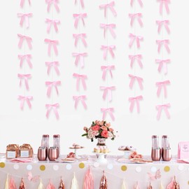 6Pcs Pink/Black Satin Ribbon Bow Garland Hanging Party Decorations for Girls' Birthday Baby Shower Bridal Shower (Pink)