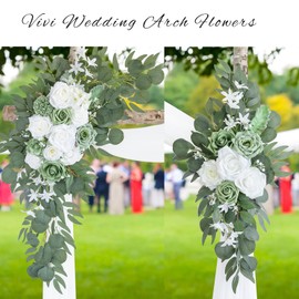 ponatia Wedding Arch Flowers with 26Ft White Arch Draping Fabric, Artificial Sage Green Wedding Flowers for Wedding Welcome Signs Decorations and Arch Flowers for Wedding Ceremony Reception