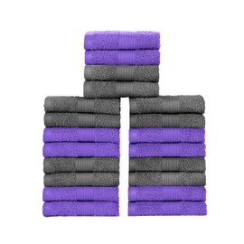 Ample Decor Wash Cloths Pack of 20 100% Cotton 600 GSM Oeko Tex Certified Face Towels, Quick Drying Solid Construction Absorbent Machine Washable - Grey - Purple - 12 X 12 Inch
