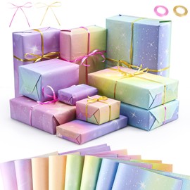 Guiqulai 8Pcs Wrapping Paper with 2 Ribbons, Birthday Wrapping Paper Sheets, Gradient Design Full of Fantasy, Gift Wrap for Birthday Wedding Baby Shower (70 * 50CM)