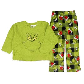Dr. Seuss GRINCH Boy's Santa Plaid Plush Fleece Kids Pajama Sleep Set (4) Green