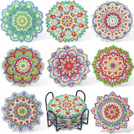 JANLOFO Diamond Art Coaster Cork Diamond Art Kit for Beginners, Diamond Painting, 8 Pieces, Handmade Kit, Easy DIY Diamond Beads, Beginner, with Holder, Arts and Crafts