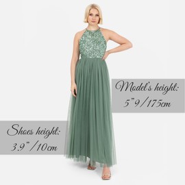 Maya Deluxe Women's Maxi Dress Bridesmaid Halterneck Sequins Decorated Prom Wedding Dress for Special Occasions Bridesmaid Dress, Deep Mint Green