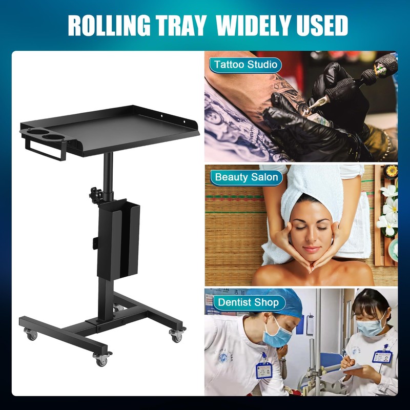 POARMEEY Premium Iron Tattoo Tray on Wheels Trolley Adjustable Height,