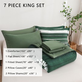 KAKIJUMN 7 Piece Bed in a Bag Stripe Comforter Set King Size, White Grey Green Patchwork Striped Comforter and Sheet Set, All Season Soft Microfiber Complete Bedding Sets(Dark Green,King)