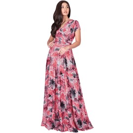 KOH KOH Plus Size Womens Long Flowy Short Cap Sleeve Floor Length Modest Elegant V-Neck Floral Print Casual Spring Summer Sundress Sun Gown Gowns Maxi Dress Dresses, Red & White 2XL 18-20