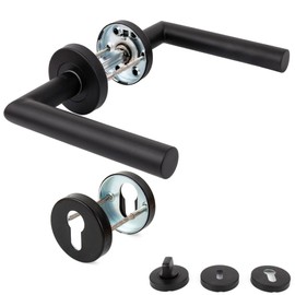 APECS Door Handles Round Rosette for Front Door and Room Doors Handle Set Stainless Steel 201 Black Matt Door Handles for Interior Doors Door Fitting Rosette Set L-Model H-0204-BLM PZ