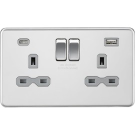 13A 2G SP Switched Socket with Dual USB A+C (5V DC 4.0A shared) - Polished Chrome with Grey Insert