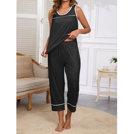 Famulily Summer Pajama Sets for Women 2 Piece Soft Pjs Crewneck Tank Top and Capri Pants Nightwear with Piping Black XXL