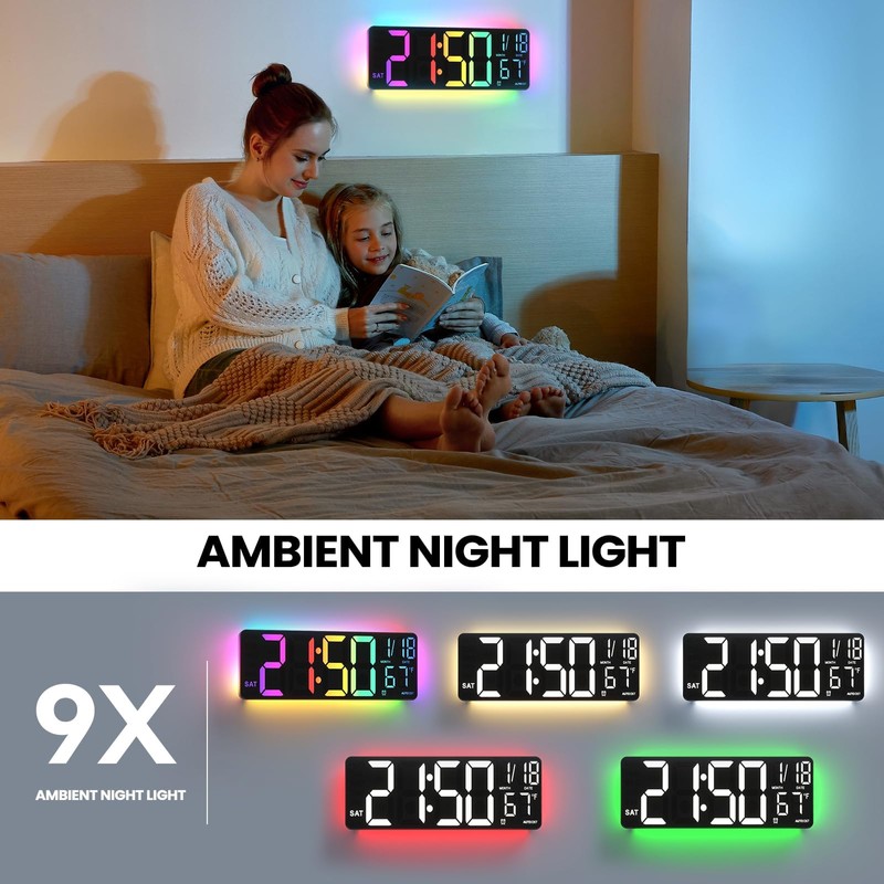 YISILE 13" Digital Wall Clock with Night Light,8 RGB Color,Dual