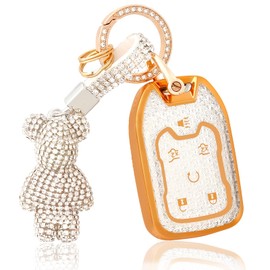 OFF WE GO for GMC Key Fob Cover with Bear Keychain, Soft TPU Key Case Protection Compatible with GMC Chevy Suburban Tahoe Acadia Terrain Yukon XL Smart Car Key Fob Holder, White