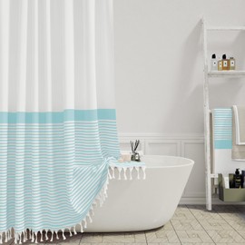 Dynamene Light Blue Fabric Shower Curtain, Farmhouse Boho Striped Tassel Shower Curtain for Bathroom, Bohemian Textured Cloth Shower Curtain Set with Hook, Water Repellent, Wrinkle Free, 72x72