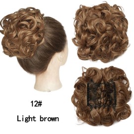 REOU Short Mess Curly Dish Bun Hair Extension Scrunchy Bun Chignon Buns Ponytail Hair Pieces for Women Easy Stretch Hair Combs Clip in Ponytail Extension (12#LBR)