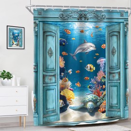 Riyidecor Ocean Beach Shower Curtain for Bathroom Decor 60Wx72H Tropical Sea Turtle Fish Teal Barn Door Underwater Animal Dolphin Nature Art Printed Fabric Polyester Waterproof 12 Pack Metal Hooks