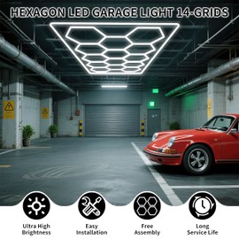 Hexagon Garage Lights 14 Hex Grid 680W 81600LM 6500K, Super Bright Car Detailing Ceiling LED Shop Light for Warehouse Workshop Gym Basement Car Care Wash Room