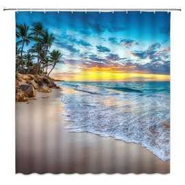 Beach Ocean Shower Curtain Tropical Summer Hawaiian Sunrise Landscape Palm Tree Sea Blue Sky Coastal Seaside Sunset Scenic Nature Polyester Fabric Bathroom Curtain 70 x 70 Inch with Hooks