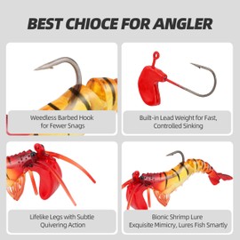 PROBITE 5PCS Soft Shrimp Lures with Jig Heads – Pre-Rigged Paddle Tail Swimbaits – Realistic Sinking Shad Minnow Baits – 2in Size for Saltwater & Freshwater Bass Fishing