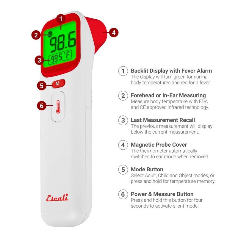 Escali Ear and Forehead Thermometer, Fever Alarm and Large Backlit