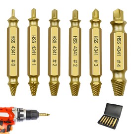 6-Piece Screw Extractor Set Made of HSS 4341 Alloy Steel, Damaged Screw Remover, Titanium Coating, Double-Sided Left Extractor, Replacement Bit, with Storage Box for DIY Car