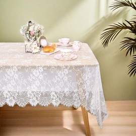 QueenDream Lace Tablecloth Rectangular: 2 Pieces 60 x 120 Inch - White - Wedding Tablecloth Overlay Table Cover Lace Fabric for Bridal Baby Shower Decorations