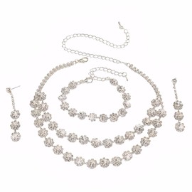 FDEETY 3 Piece Jewellery Set for Women Rhinestone Necklace Earring Bracelet Set Alloy Hypoallergenic Jewellery for Women Bridal Wedding Jewellery, Alloy Steel