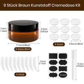 Ysimple Pack of 9 Cream Containers, Brown Plastic Cream Jars for Filling 80 ml, Empty Ointment Jars with Lid and Liner, Small Ointment Tins with Scratching Spoon/Stickers, for Cosmetics, Lotion