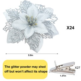 DIYASY Silver Christmas Tree Flowers, 24 Pcs Glitter Poinsettia Christmas Tree Flower Decorations, 5.9" Diameter Large Flowers for Christmas Trees with 27 Clips