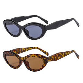 YAMEIZE Retro 90s Oval Sunglasses for Women Men Vintage Oval Cat Eyes UV400 Protection Shade Driving, Black+leopard