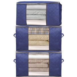 90L storage bag Large Clothes Storage Bags with Strengthened Handles for Bedding,Comforters,Clothes, Quilt, Blankets(3 Pack blue)