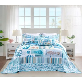 HZ & HY Coastal Oversized King Bedspread 138x122 Extra Wide, Lightweight Beach Bedding Nautical Quilt, Real Stitching, Reversible, 6 Piece, 100% Microfiber, California/Alaskan King, Coral