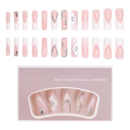 24pcs Rectangular Fake Nails White Flower Diamond Chain Pure Desire Acrylic Acid Nail French Pressing with Glue for Girls and Women
