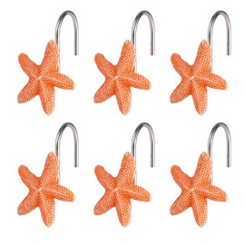 Twofish Home Orange Starfish Shower Curtain Hooks Orange Starfish Anti Rust Shower Curtain Hooks Decorative Resin Orange Starfish Shower Curtain Rings Set of 12