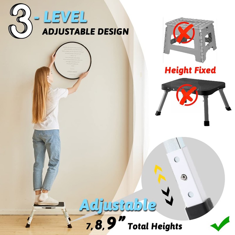 Double Elite 3 Levels Adjustable Folding One Step Stool, Safer
