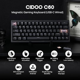 MechLands CIDOO C60 HE Wired Rapid Fast Gaming Keyboard with Silent Magnetic Switch, Hall Effect Keyboard with 8K Polling Rate, 0.125ms Latency, 63-Key Compact Layout, Hot-Swappable (Black)