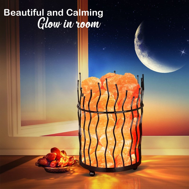 Himalayan Glow Pillar style Salt Basket Lamp with salt chunks,