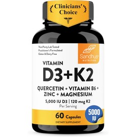 Sandhu's Vitamin D3 K2 Magnesium 5000 IU, 120mcg K2 Capsules 60 Count (Pack of 1) | with VIT B6, Zinc & Quercetin | D3K2 Supports Superior Absorption, Energy, Immune, Muscle Health for Men & Women