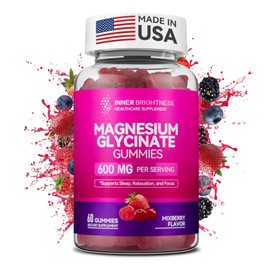 Magnesium Glycinate Gummies 600mg, Non-GMO, Gluten-Free, Magnesium Gummies for Adults & Kids, Sleep, Relaxation & Focus, Mixed Berry Flavor, 60 Count