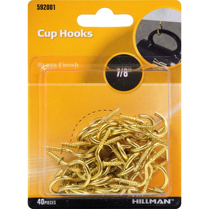 Hillman 592001 Cup Hooks, 7/8-Inch, Brass, 40-Pack