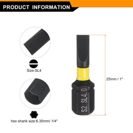 HARFINGTON 4pcs SL4 Slotted Screwdriver Bit 1/4" Hex Shank 25mm/1" Length Magnetic Flat Head Hex Bits S2 Steel Screw Driver Bit Industrial Grade Electric Drill Bits