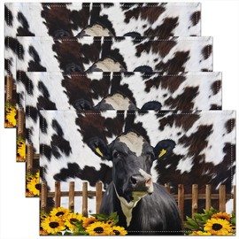 Cow Fur Table Place Mats Set of 4 Milk Cow Table Mats Kitchen Decor Dinner Botanical Sunflower Printed Placemats Dining Table Western Farm Animal Skin Black White jejeloiu Placemats 18"x12"