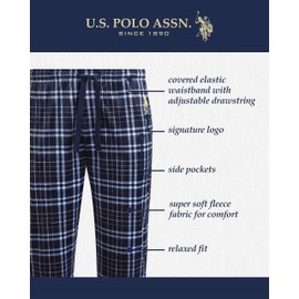 U.S. Polo Assn. Men's Pajama Pants - Soft Fleece Plaid Lounge Pants Sleepwear Bottoms for Men with Pockets (Sizes: S-XL), Size Medium, Navy Blazer Plaid