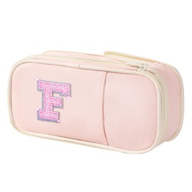 Janhavi Preppy Pencil Case with Zipper, Initial College Essentials School Supplies for Back to School, Pink Aesthetic Pencil Bag for Teen Girls Kids Adults-Pink F