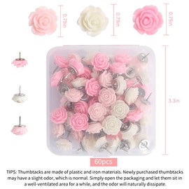 Vuzvuv 60 Pcs White and Cream Pink Rose Flower Push Pin with Gradient Color for Bulletin Board,Decorative Cute Thumbtacks Floret Flower Pins for School, Office