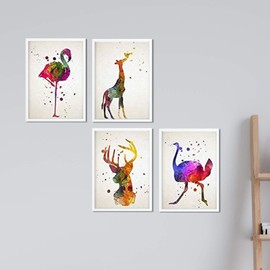 Set of 4 Sheets for framing, Flamenco, Ostrich, Deer and Giraffe, Style Watercolor Painting. Reproduction with Images of Animals, Size A4. Home Decor. Paper 250 Grams High Quality. Decorate The domitorio, Living Room, or make the perfect gift.