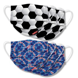 Watchitude Kids Disposable Safety Masks, 6-Pack, 3X Soccer, 3X Blue Tie Dye