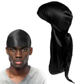 HEIZHU Silk Durag Mens for 360 Waves Dreadlocks, Silky Satin Durag, Fashion Headbands Long Tail Hats Comfortable (Black) - 1 PCS
