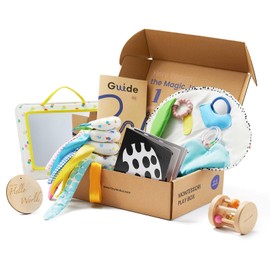 Tiny Land Montessori Baby Toy Set 0-3 Months Newborn Development Sensory Play Kit - 5-in-1 Mirror, Black & White Card Set, Rolling Bell, Play Mat, and Bed Wrap