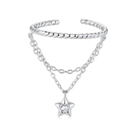 Kokoma Dangle Star Sterling Silver Ring for Women CZ Crystal Diamond Heart Open Statement Ring Tassel Chain Dangling Engagement Promise Rings Wedding Bands